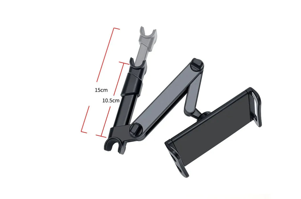 Black universal car phone holder mounted on vehicle rear seat base with tablet secured in snap-in mechanism