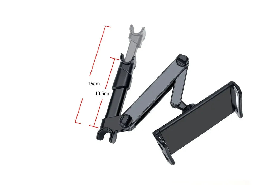 Black universal car phone holder mounted on vehicle rear seat base with tablet secured in snap-in mechanism