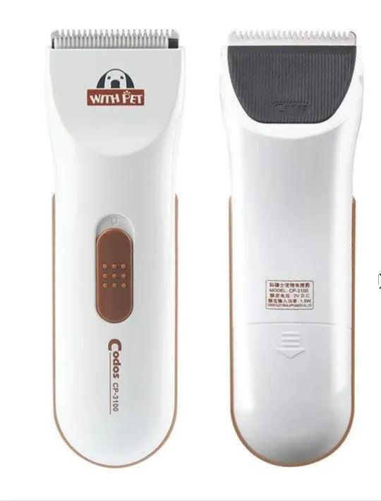 White electric pet hair clipper with ceramic blade for grooming dogs and cats.