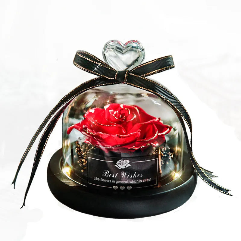 Eternal real rose in glass case with LED, 13cm, classic red colour option for home decor