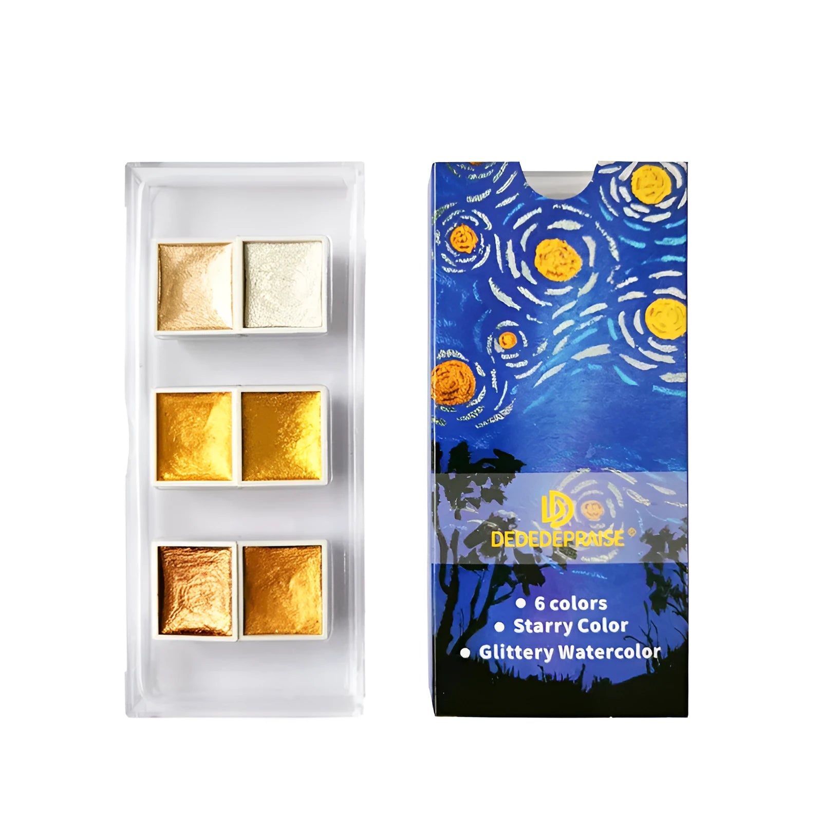 Box of solid watercolour pigment cakes in gem, pearl, or starlight colours for painting and nail art.