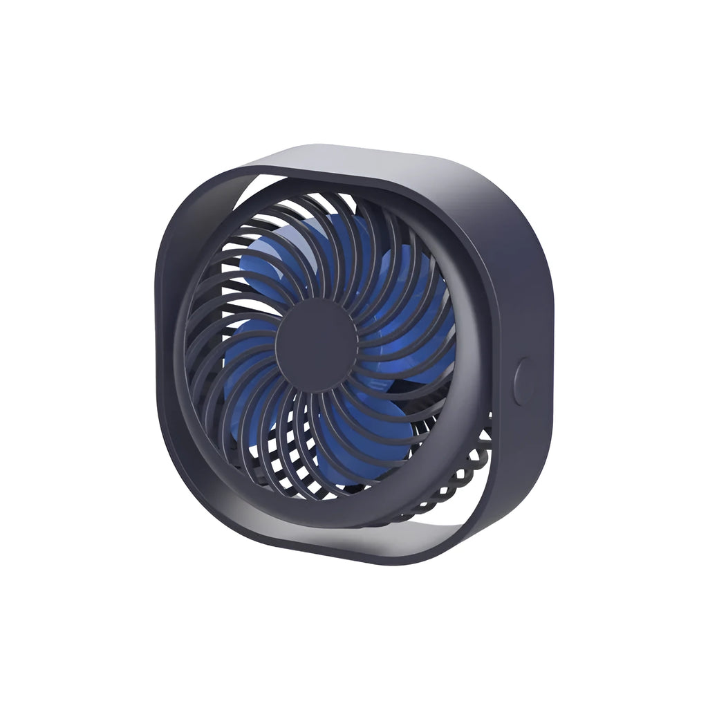 USB desk fan with alarm clock showing 360-degree rotation and rotary switch in blue colour