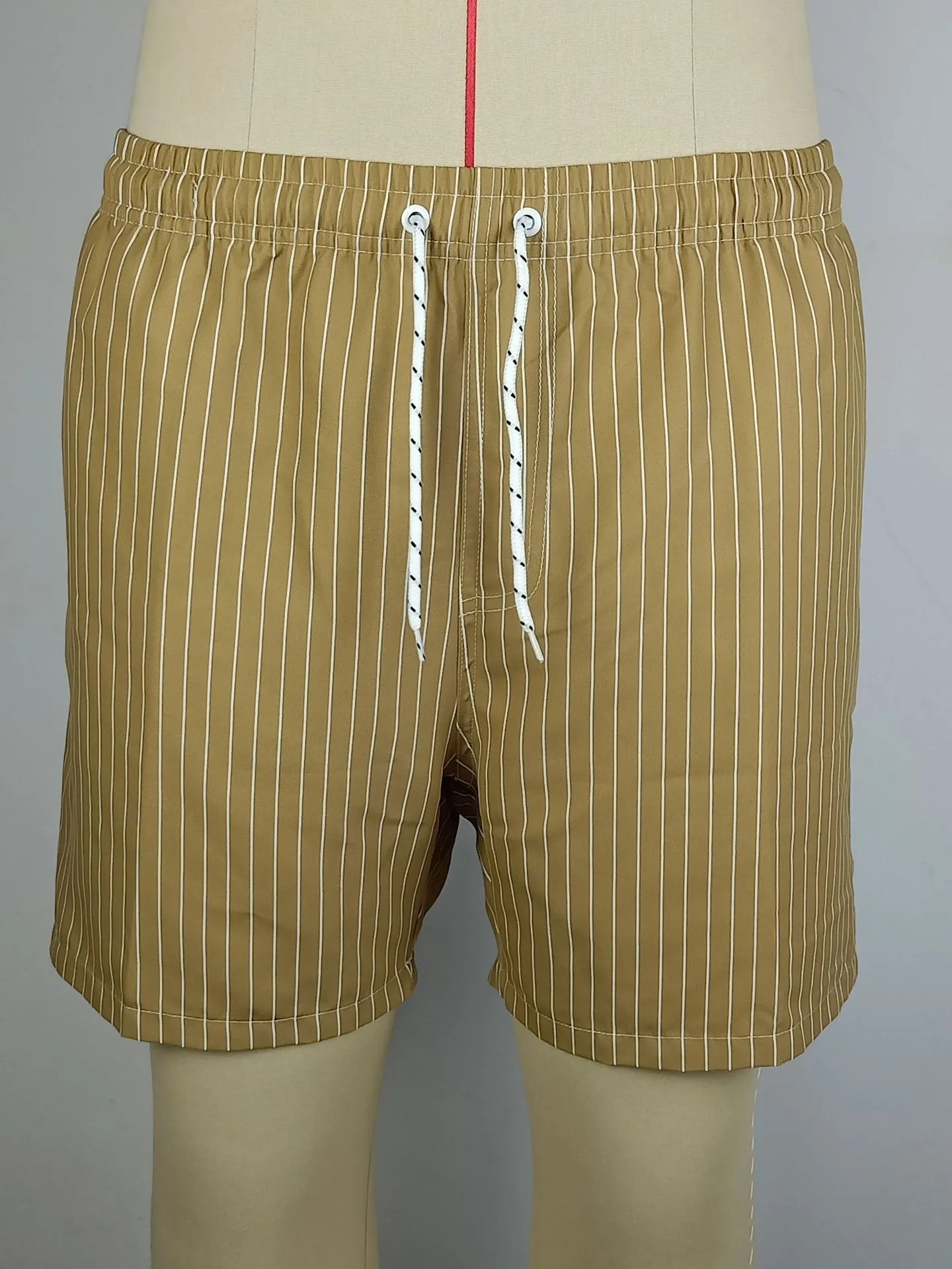 Polyester striped beach shorts with straight leg opening in navy blue, grey, khaki, or light blue colour options