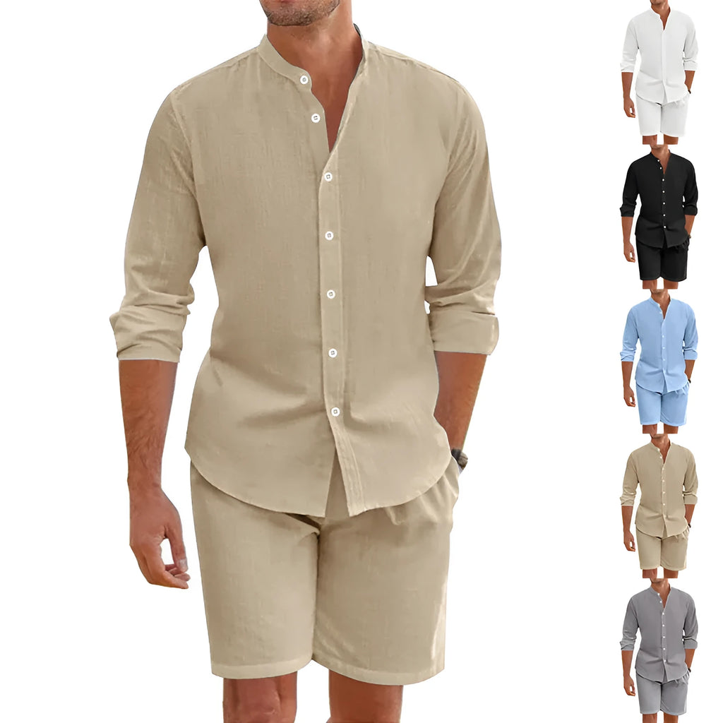Men's summer shirt shorts set with button-down short sleeve shirt and drawstring shorts in multiple colour options