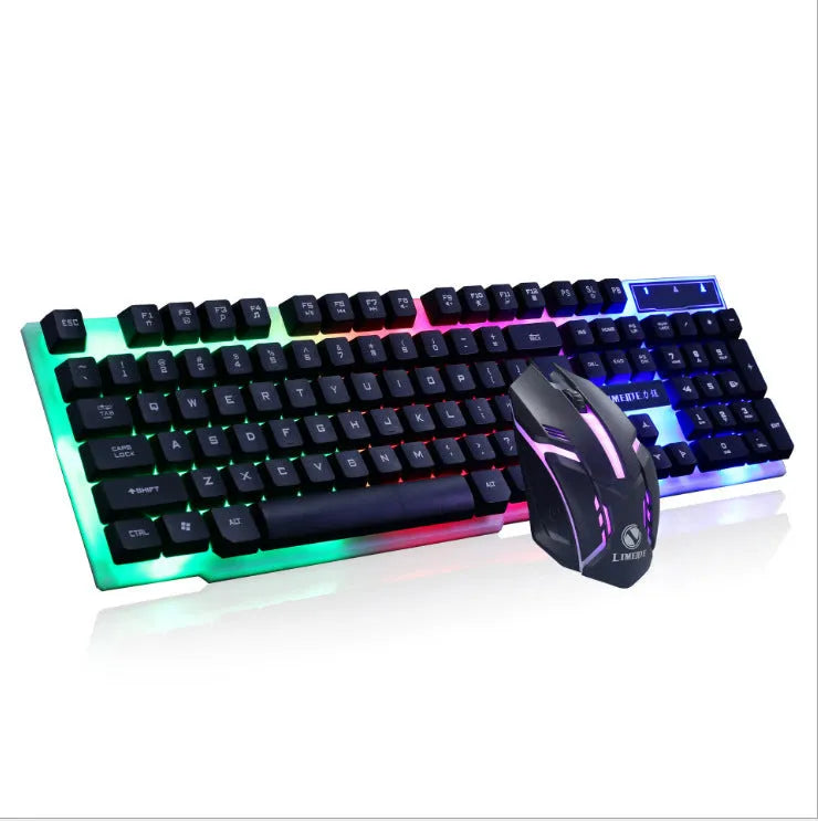 Limei GTX300 mechanical keyboard and mouse set with backlit keys on desktop