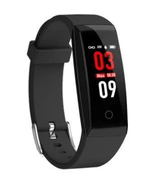 Colour screen smart bracelet with OLED display shown in black, blue, and violet colour options.