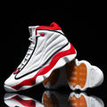 High-top basketball shoes with thick rubber soles and mesh upper in AJ13 colour options