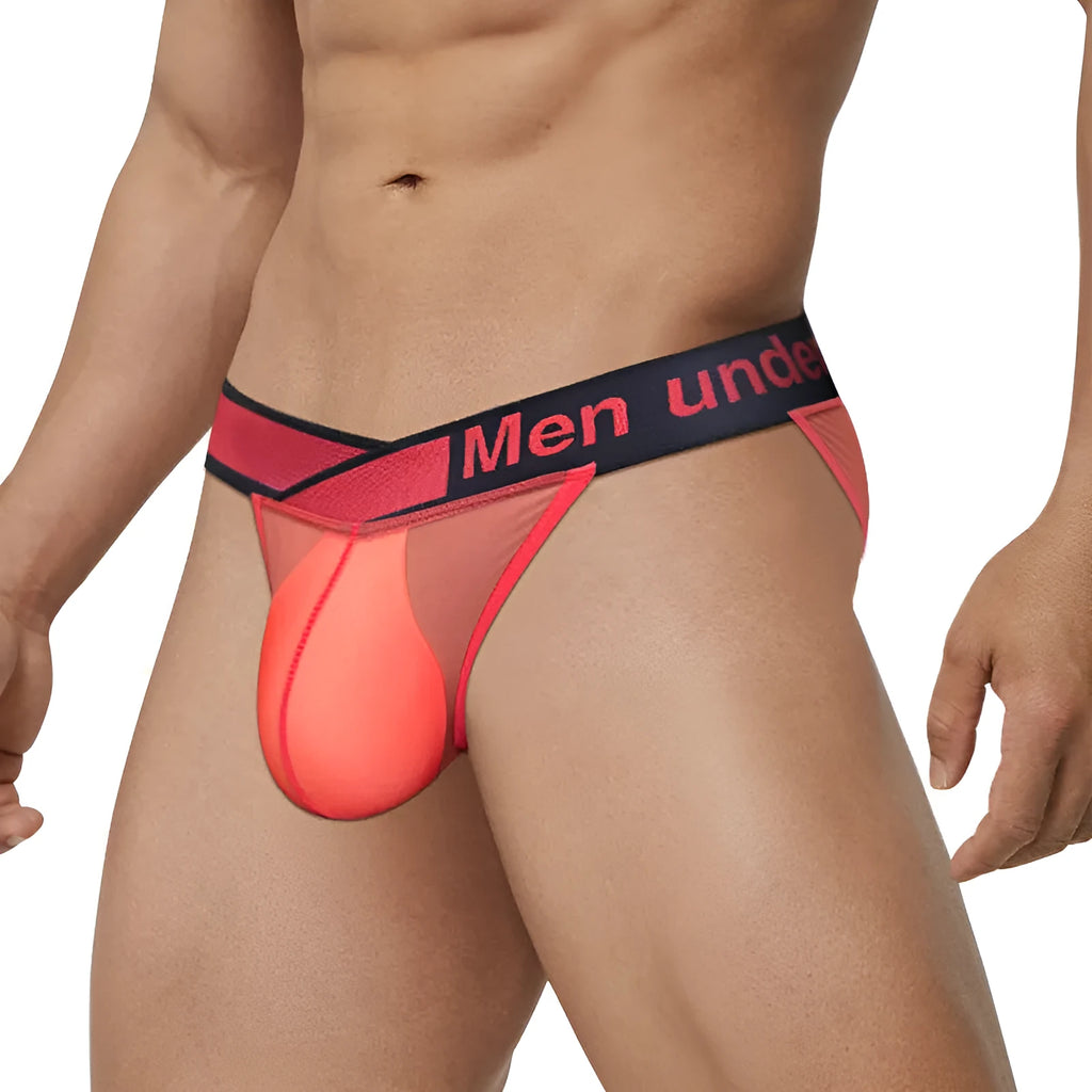 Men's transparent ice silk briefs with large V gradient high fork design in red colour