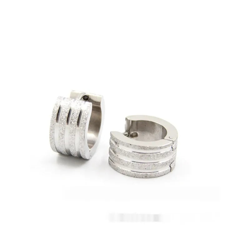 Korean style titanium steel earrings with three-line frosted geometry design in black, gold, or steel colour