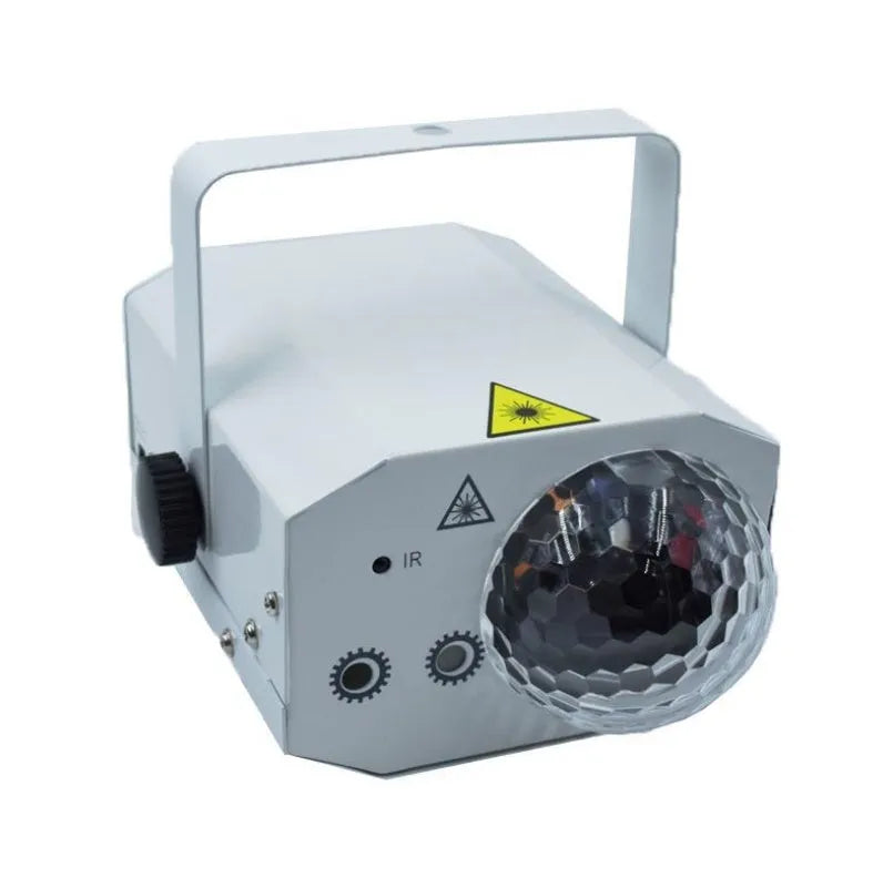 Black and white LED laser magic fan stage light with remote control on a dark background.