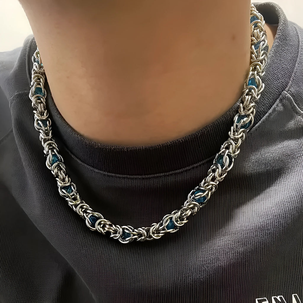 Men's titanium steel splice necklace with blue sapphire stone, adjustable chain 21-50cm