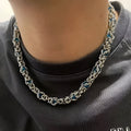 Men's titanium steel splice necklace with blue sapphire stone, adjustable chain 21-50cm