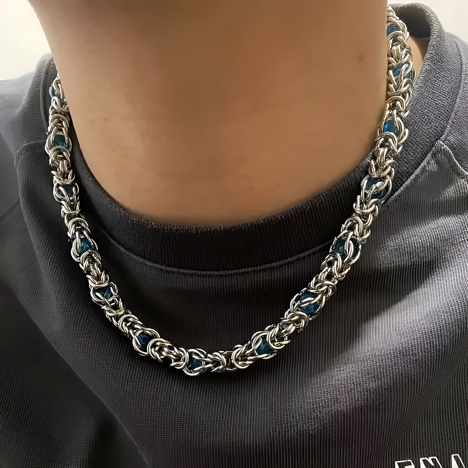 Men's titanium steel splice necklace with blue sapphire stone, adjustable chain 21-50cm