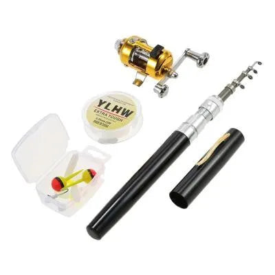 Telescopic pen fishing rod kit with aluminium case shown in gold colour alongside extended 1 metre fibreglass rod and ST5RL fishing reel