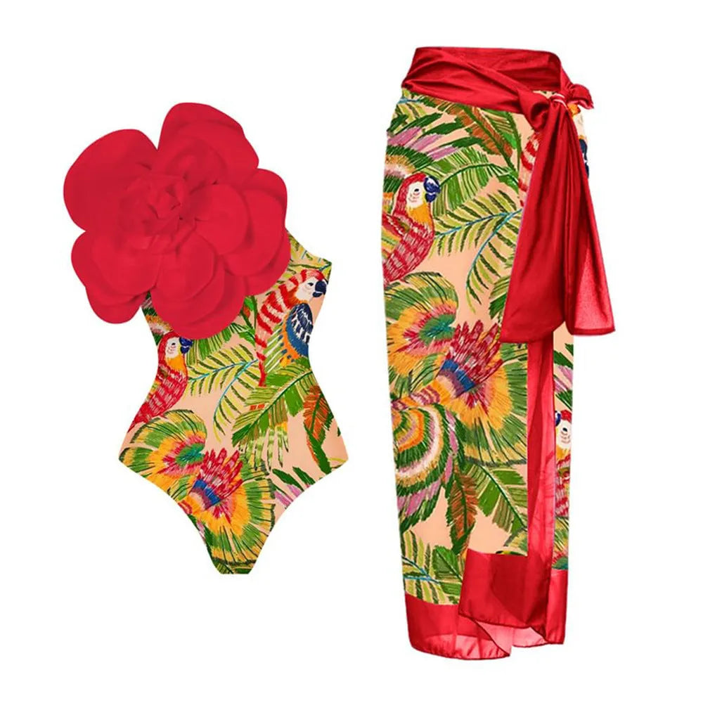 Close-up of a solid colour one-piece swimsuit with raised three-dimensional flower pattern detail
