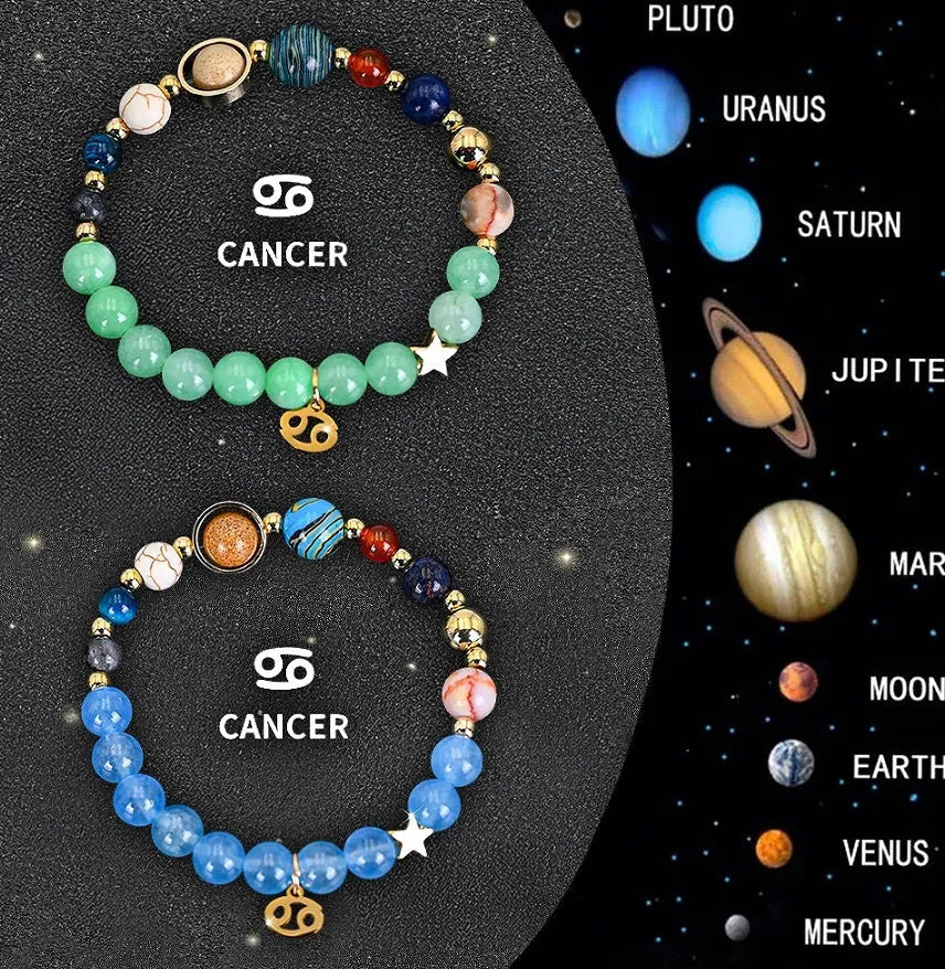 A pair of natural stone beaded bracelets from a twelve-piece zodiac sign collection.