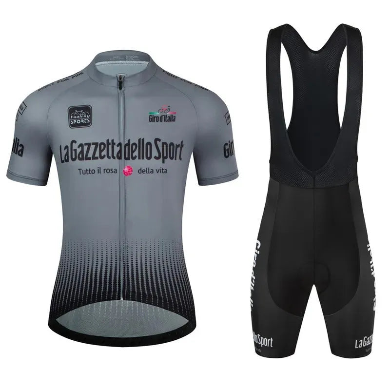 Short sleeve cycling jersey in a colour option, laid flat to show unisex cut and breathable polyester fabric.