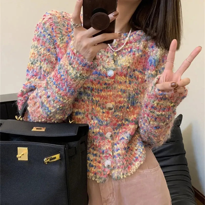 Retro rainbow pattern acrylic cardigan in green or pink ice cream colours with free size slim fit