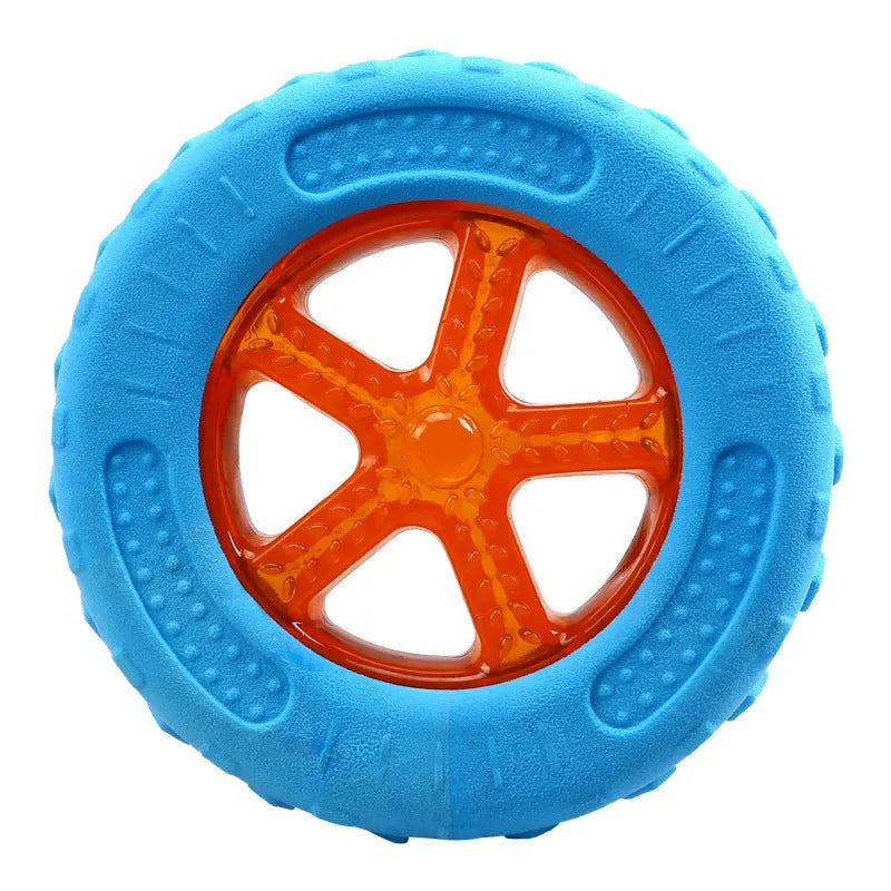 Set of three TPR dog toys: a squeaky ball, barbell, and tyre for floating fetch play.