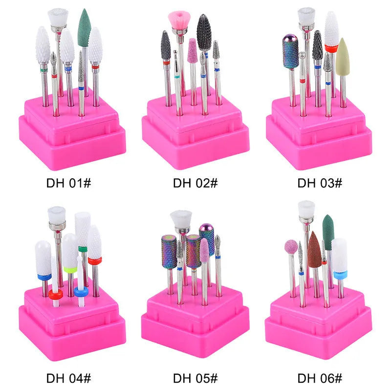 Tungsten steel nail drill bit set with 7 pieces including bits and brush in a clear case.