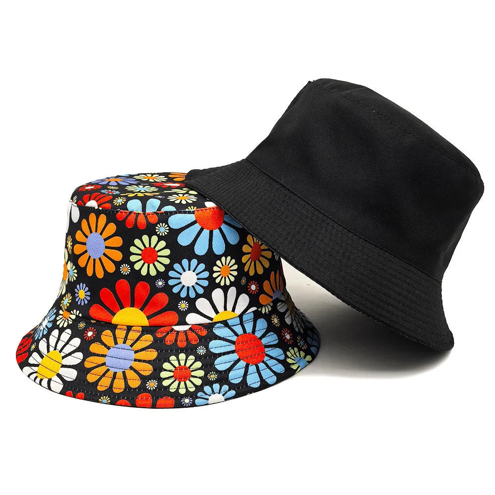 Colourful floral print polyester bucket sun hat with dome crown in M size