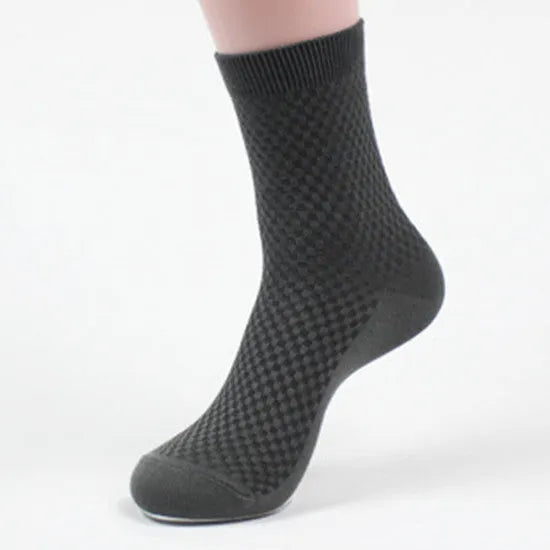 Men's bamboo fibre business socks with small square pattern in black, grey blue, iron grey, navy blue, and silver grey colours