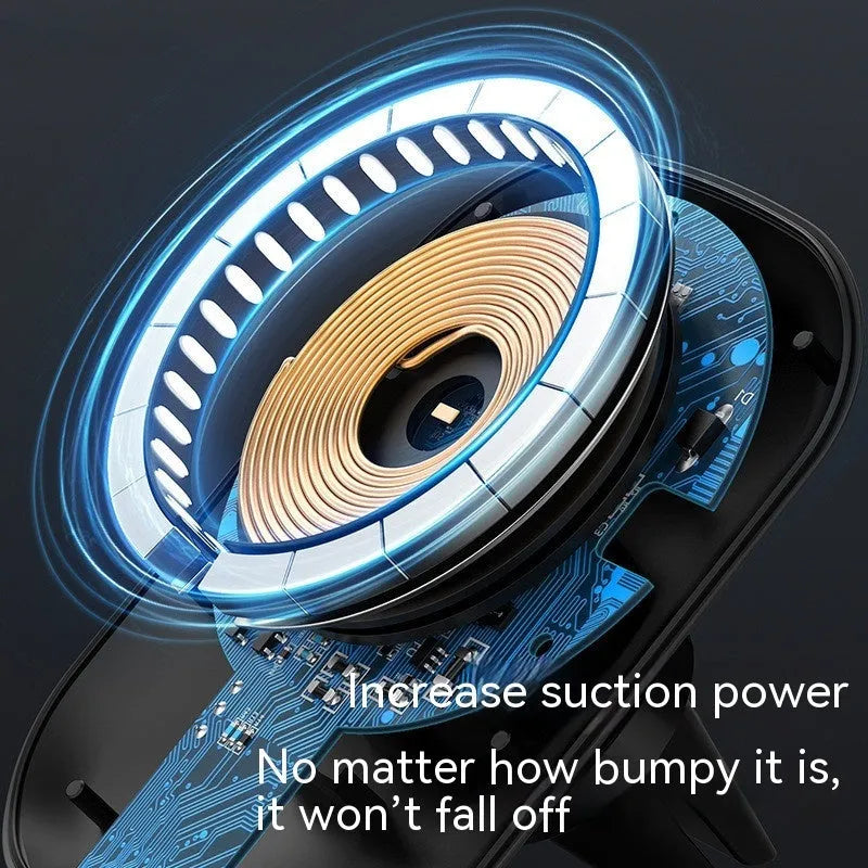 Black magnetic car wireless charger with dashboard and air vent mounting bases