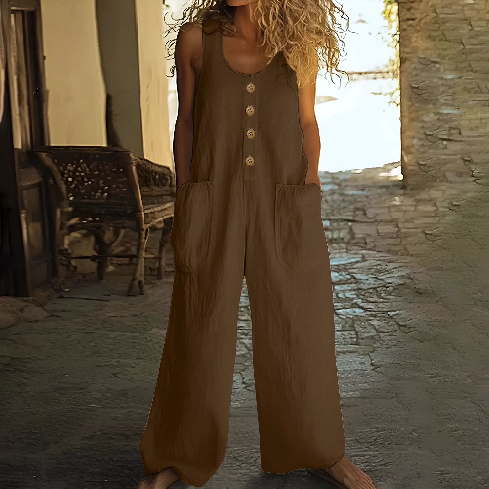 Sleeveless wide leg cotton jumpsuit in peacock green colour showing loose fit and pocket detail.