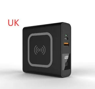 Black and white QI wireless charging power bank with PD20W fast charging and international travel plugs