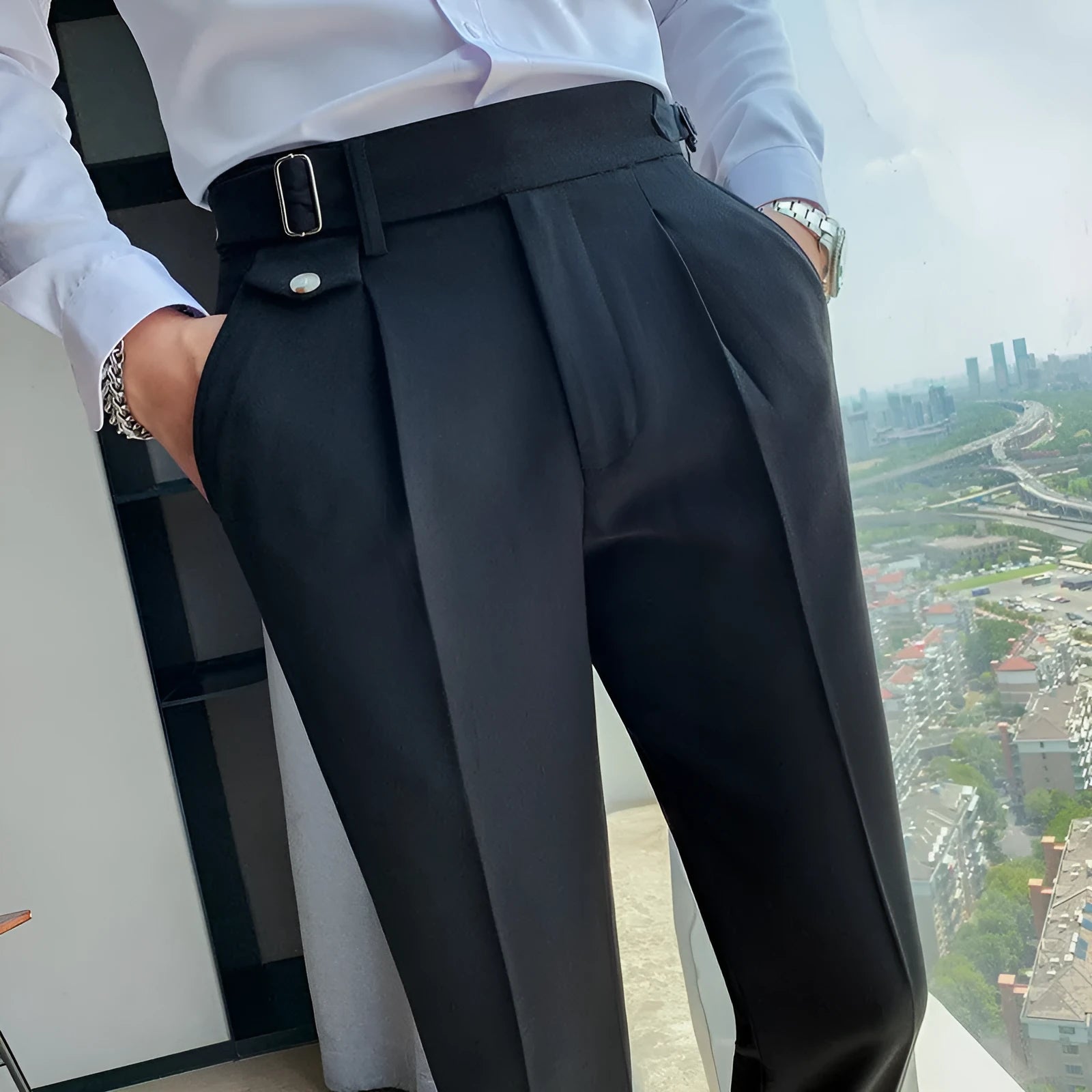 Straight-leg solid colour casual trousers in polyester on a size chart showing waist sizes 29 to 36.