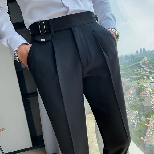 Straight-leg solid colour casual trousers in polyester on a size chart showing waist sizes 29 to 36.