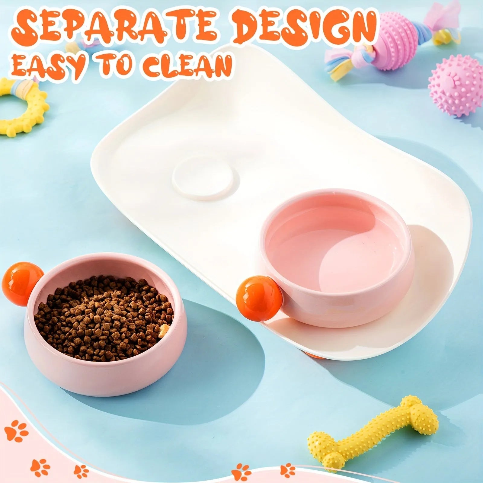 Ceramic raised pet feeding bowl set in pink with two bowls and non-slip base.