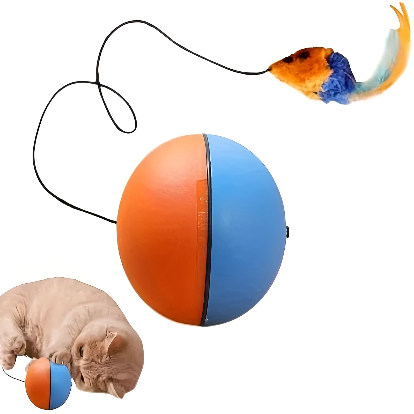 Blue and orange interactive cat toy ball with plush mouse attachment measuring 8.5cm cube