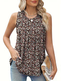 Women's plus size black floral print sleeveless vest with round neckline
