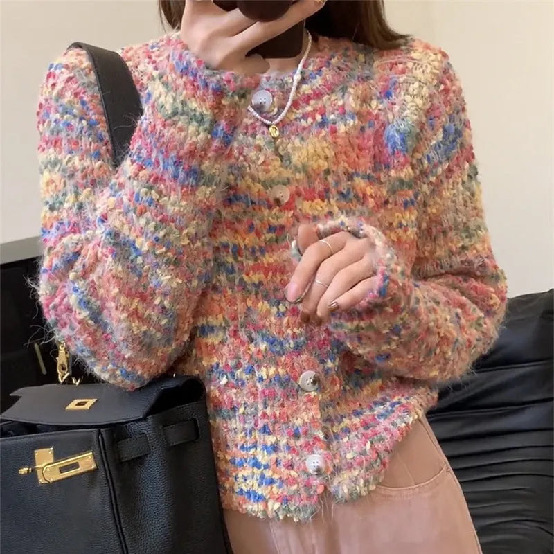 Retro rainbow pattern acrylic cardigan in green or pink ice cream colours with free size slim fit