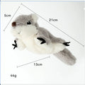 Grey flapping squirrel cat toy with USB charging cable on neutral background