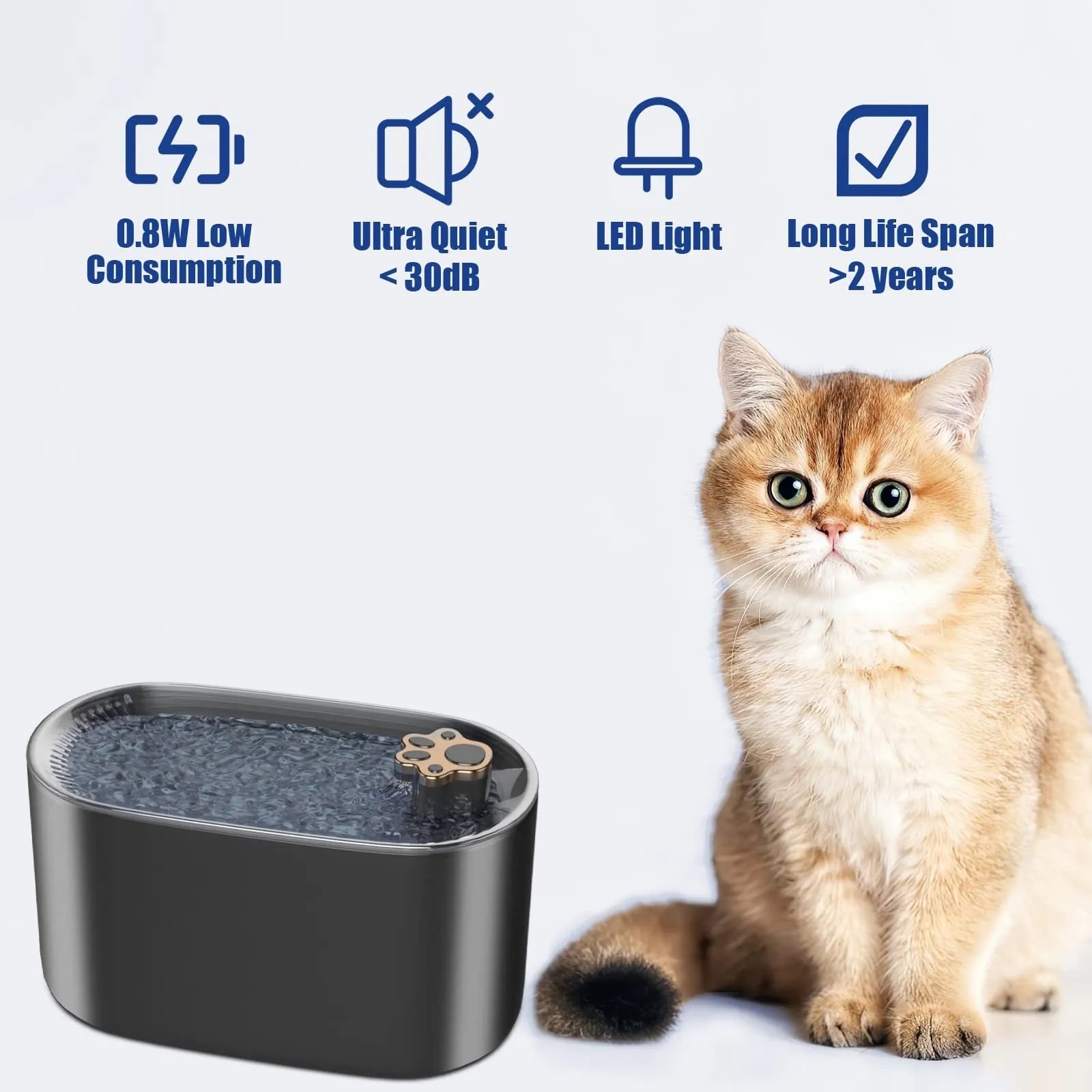 Blue automatic cat water fountain with 3L capacity, LED light, and triple filter system