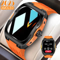 Smart watch for men with AMOLED touch screen display on a black and blue tape tab strap.