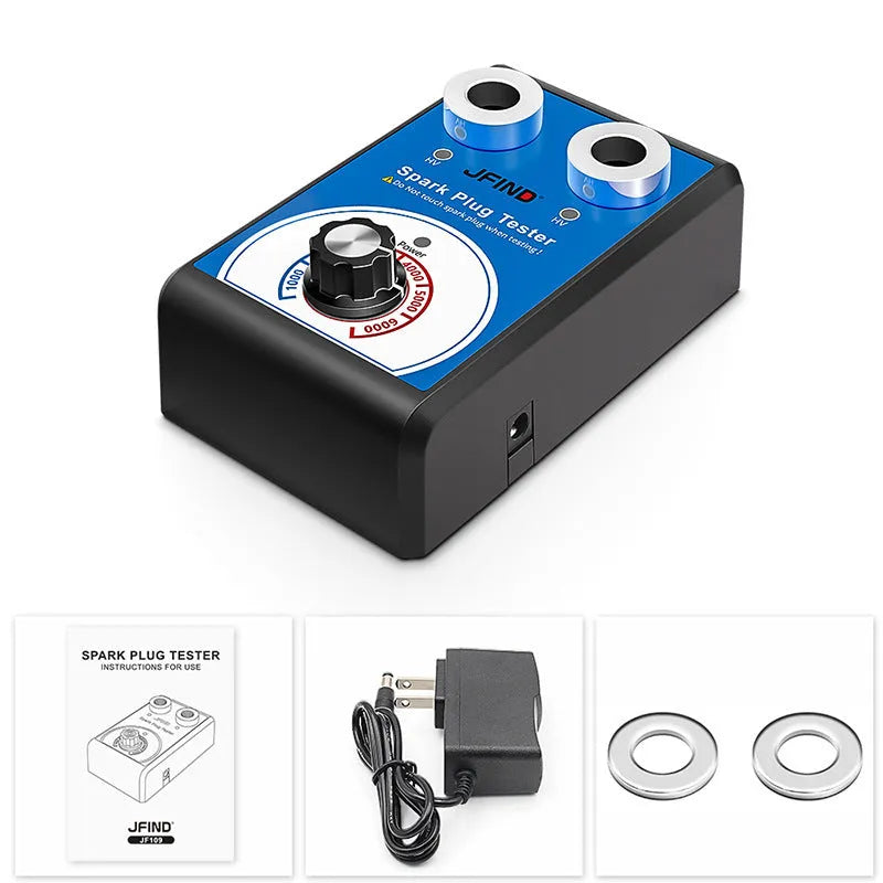 Car ignition fault detector diagnostic tool for testing spark plugs on a workbench.