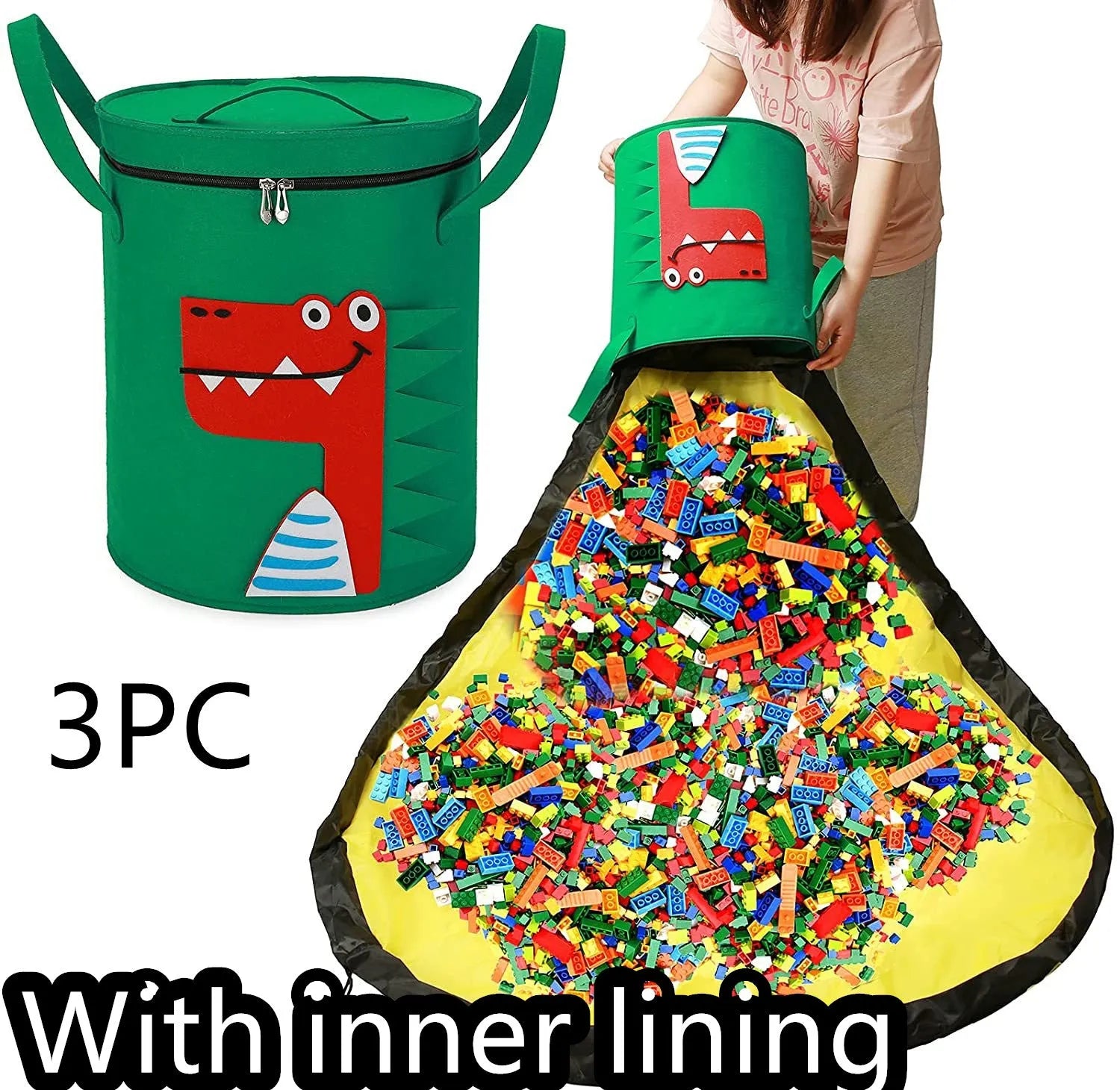 Green felt cube storage bag with pull rope, shown as a toy organiser and play mat.