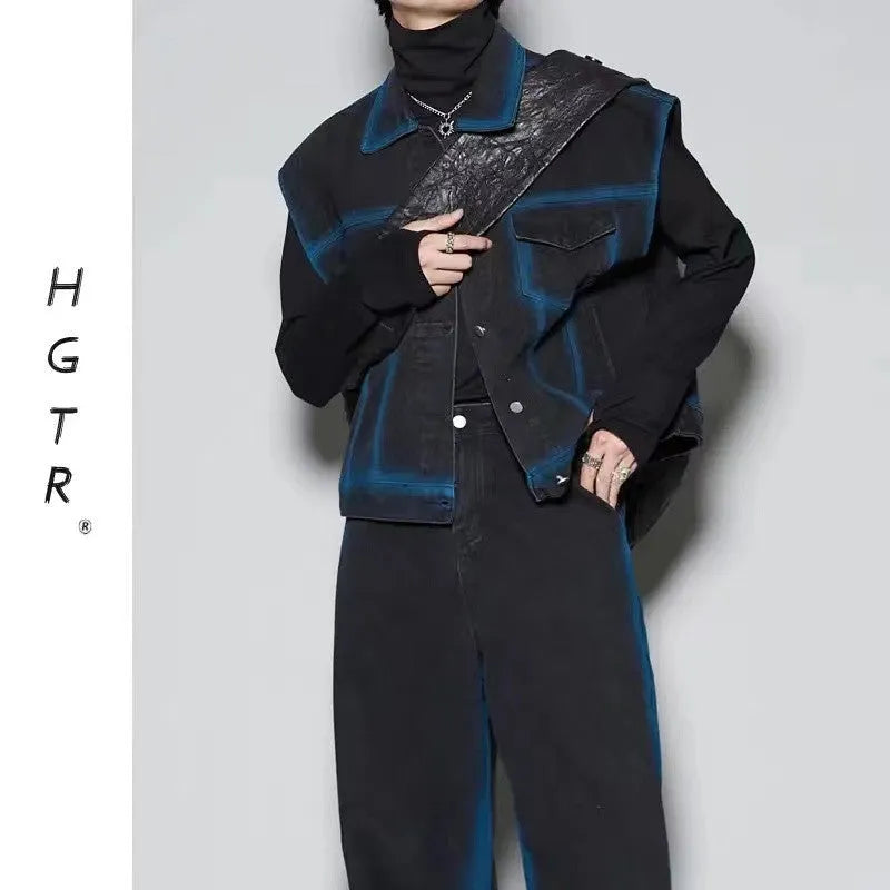 Distressed blue vest and jeans two-piece suit set with spray colour gradient effect