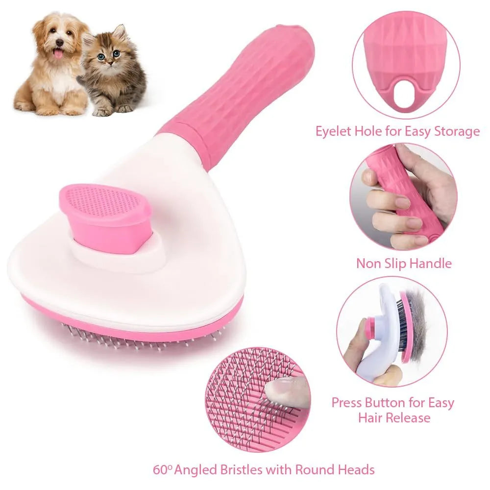 Cat grooming brush with release button in blue, grey, or pink with fine wire bristles