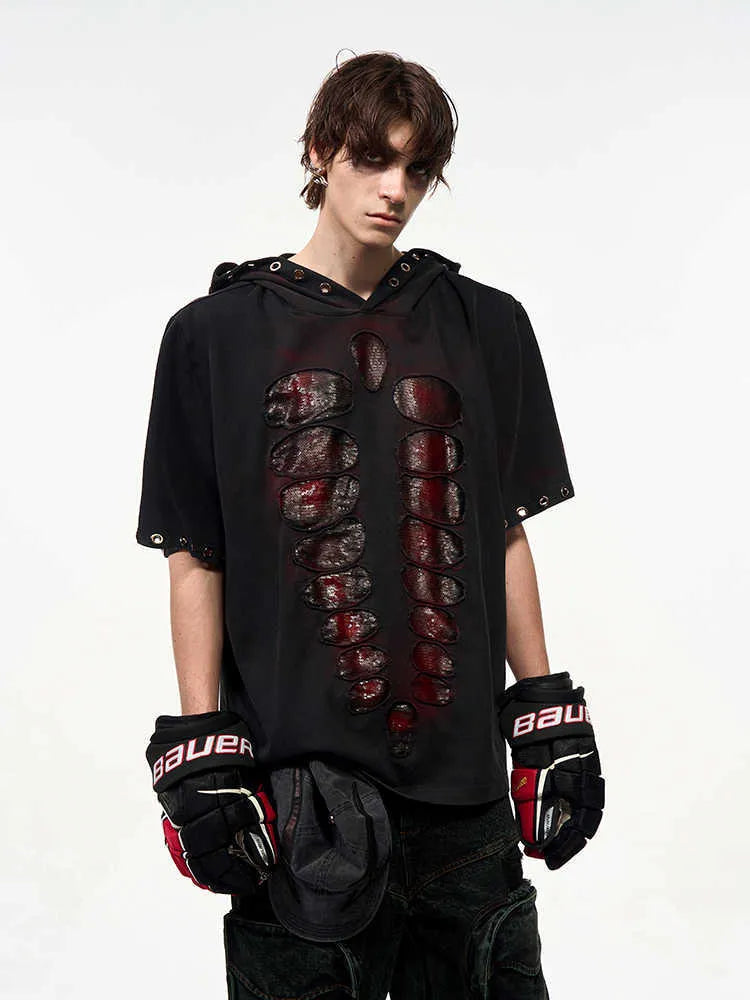 Black men's short sleeve t-shirt with hood and sequin detailing in loose fit style