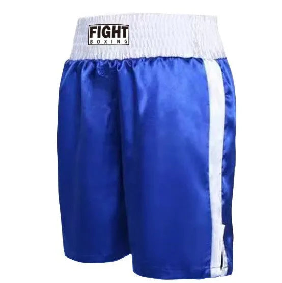 Boxing shorts for kick boxing training in various colour combinations like black and white striped, black and gold, and black and red.