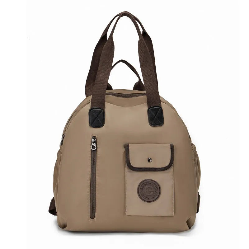 Women's large capacity backpack showing sandwich pocket design and 48cm height dimensions