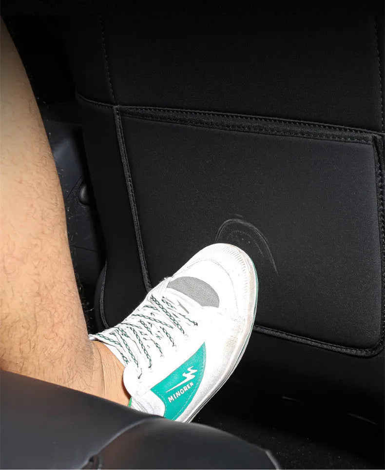 Black leather rear seat anti kick pad for car protection against scuffs and dirt marks