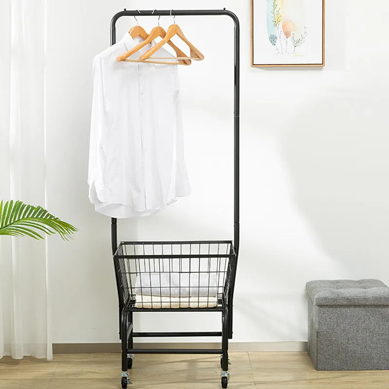 White iron single rod pulley clothes hanger rail mounted on a wall for tie and trouser storage.