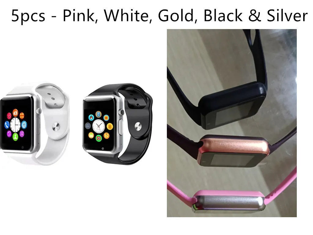 A1 Smart Watch in multiple colours on wrist, showing 1.54-inch touchscreen and side view highlighting camera.