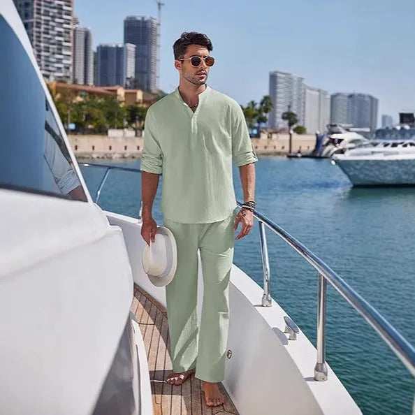 Men's casual cotton trousers suit set in solid colour with long sleeve top