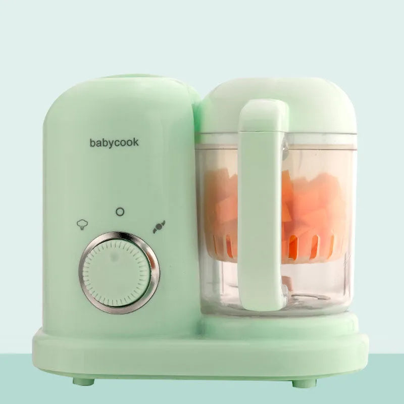 Baby food processor with steamer and blender functions in green or pink, showing dual mixing blades